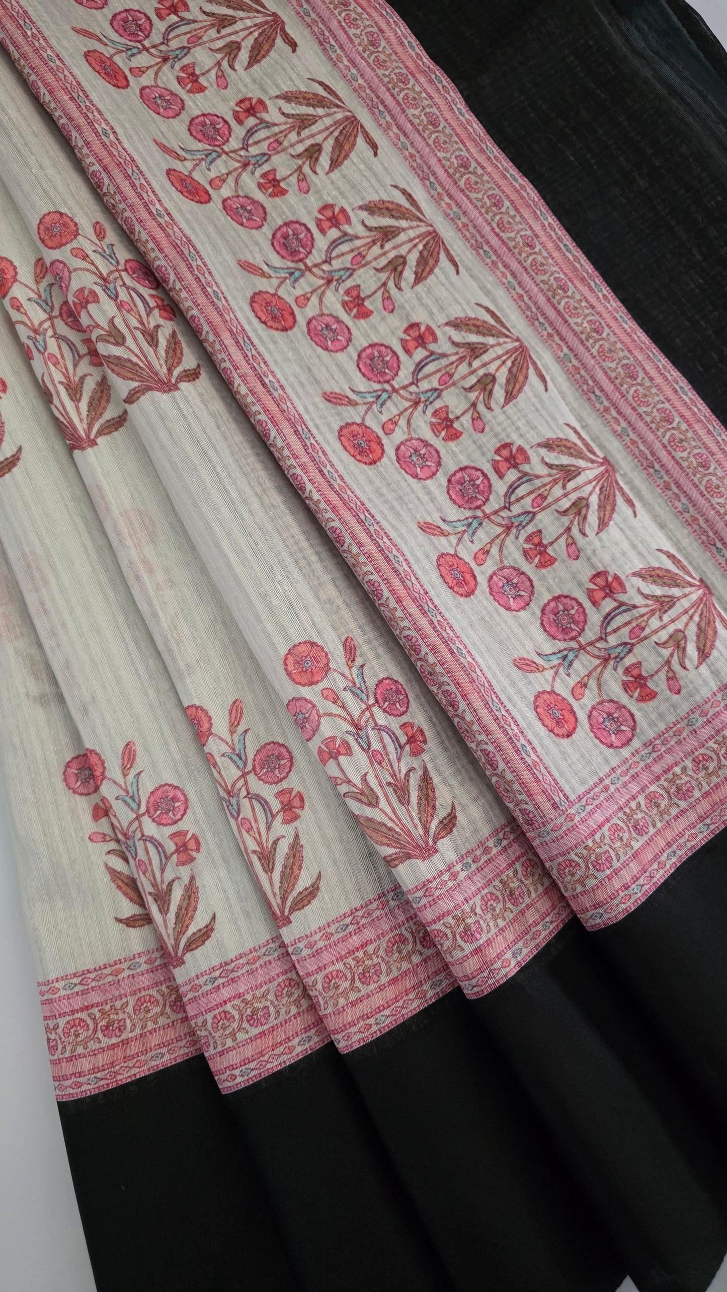 Ivory Tussar Cotton Black Contrast Border Saree