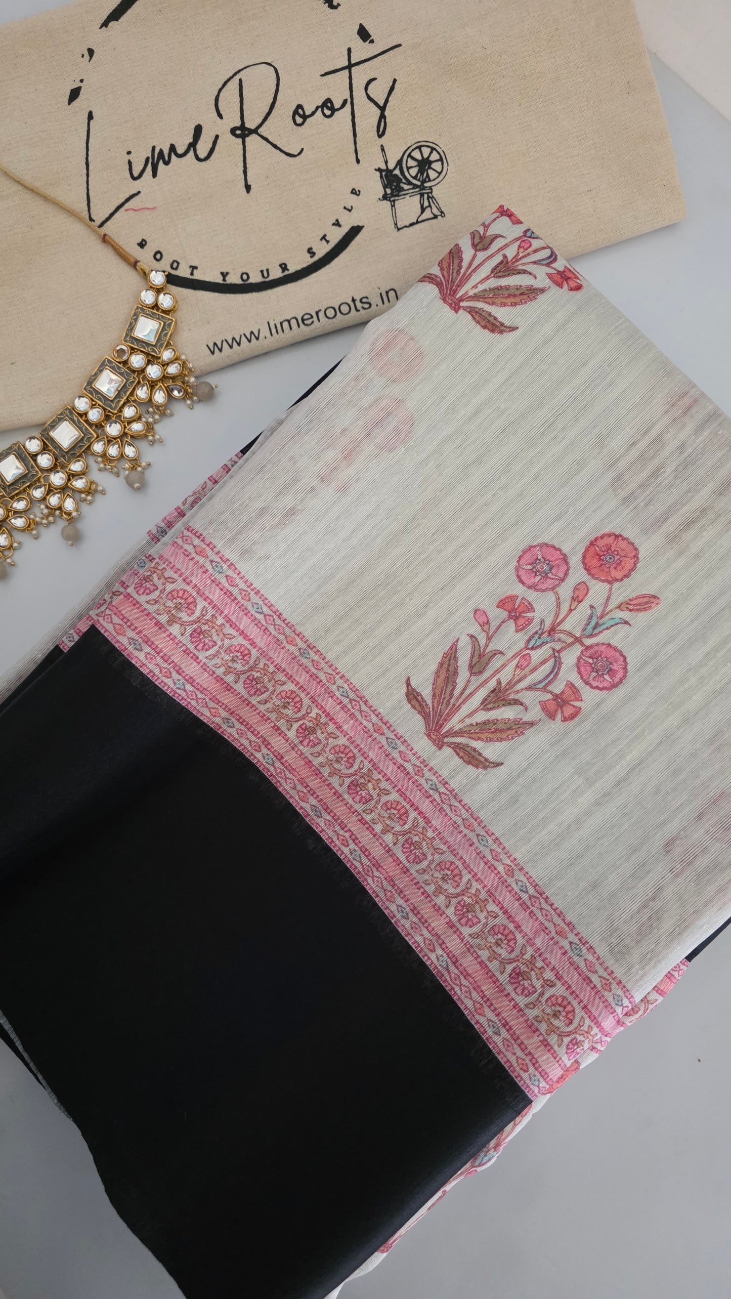 Ivory Tussar Cotton Black Contrast Border Saree