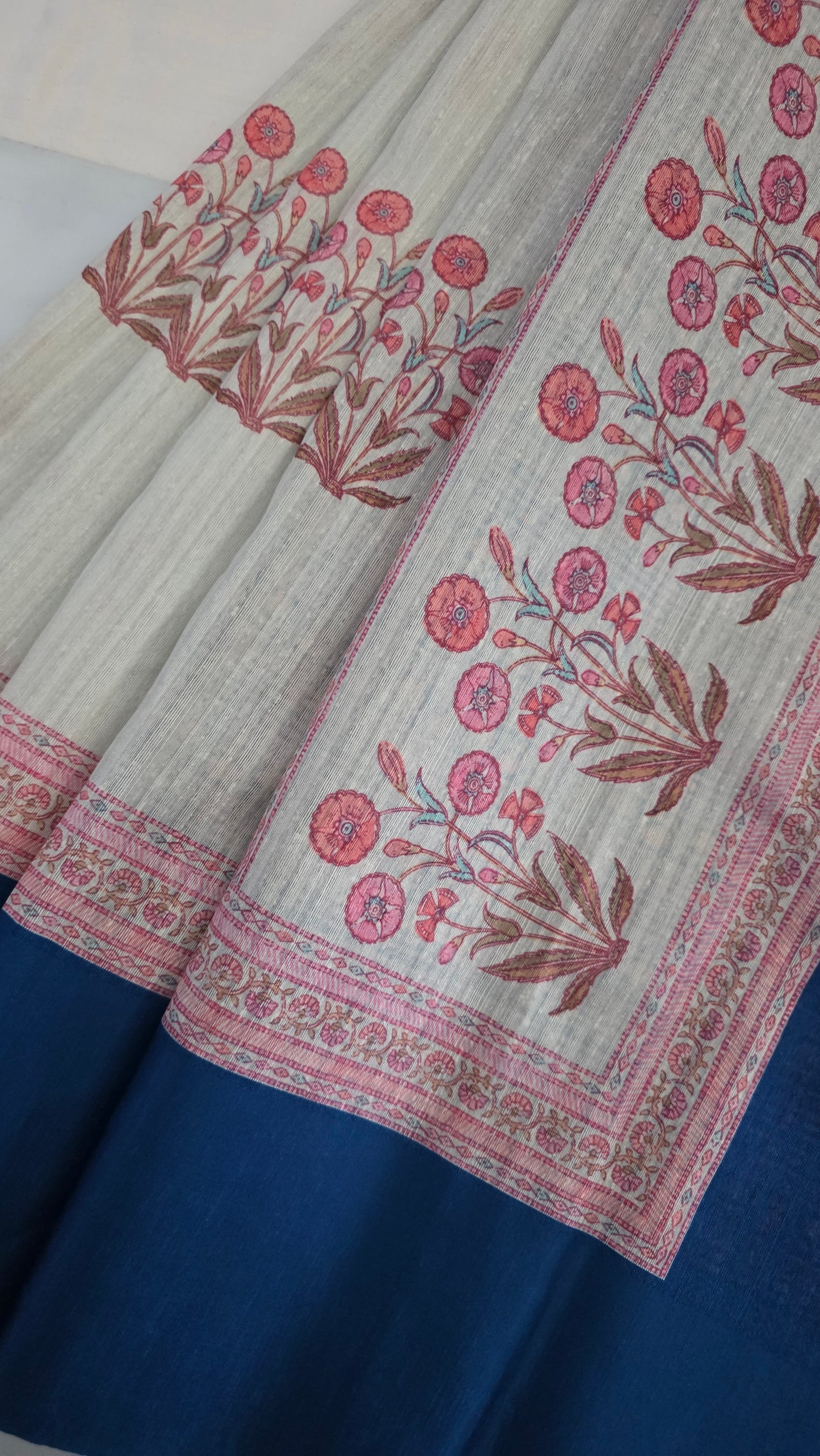 Ivory Tussar Cotton Blue Contrast Border Saree