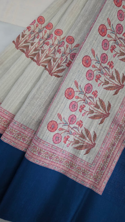 Ivory Tussar Cotton Blue Contrast Border Saree