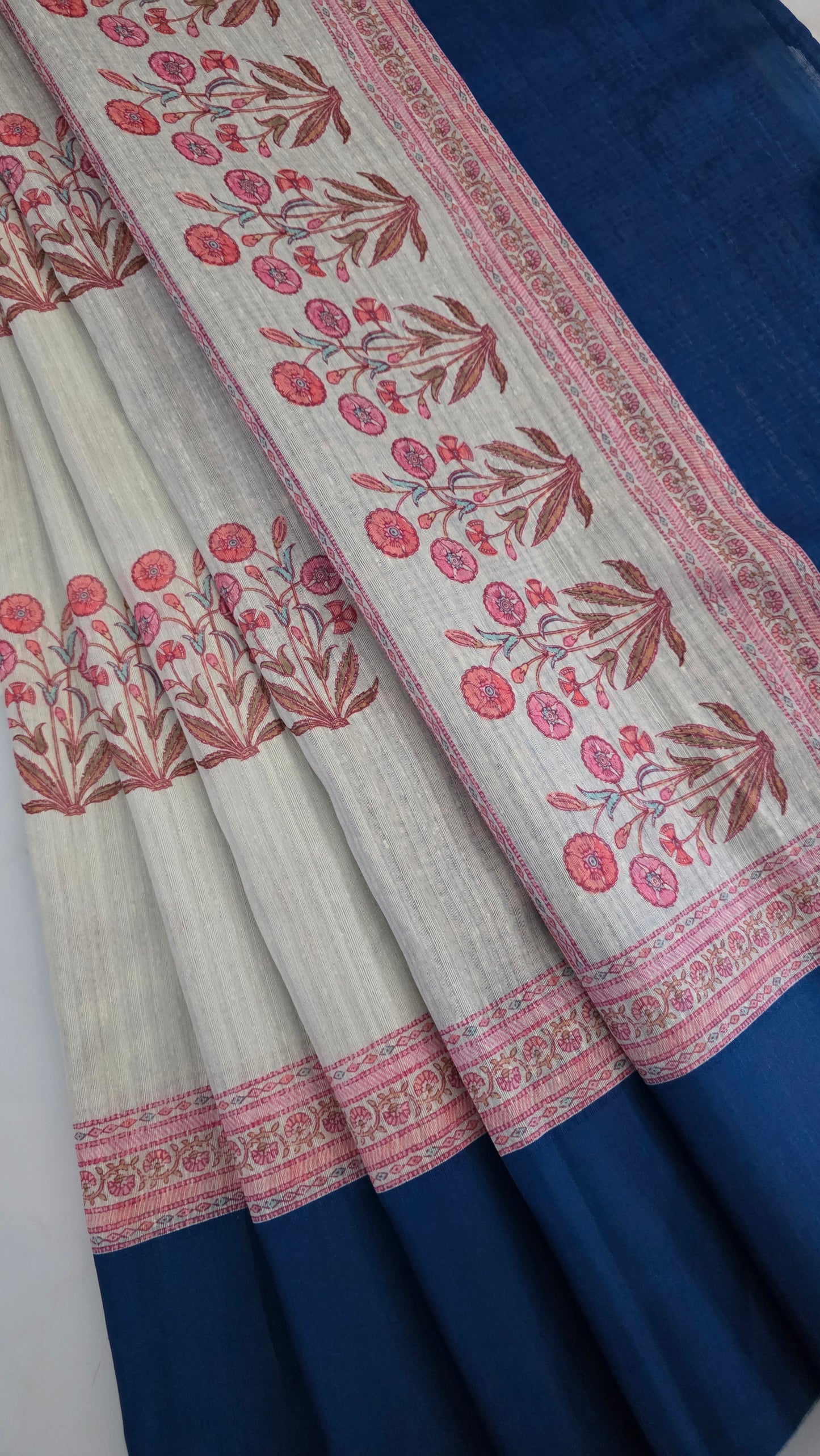 Ivory Tussar Cotton Blue Contrast Border Saree