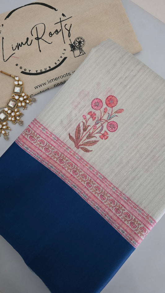 Ivory Tussar Cotton Blue Contrast Border Saree
