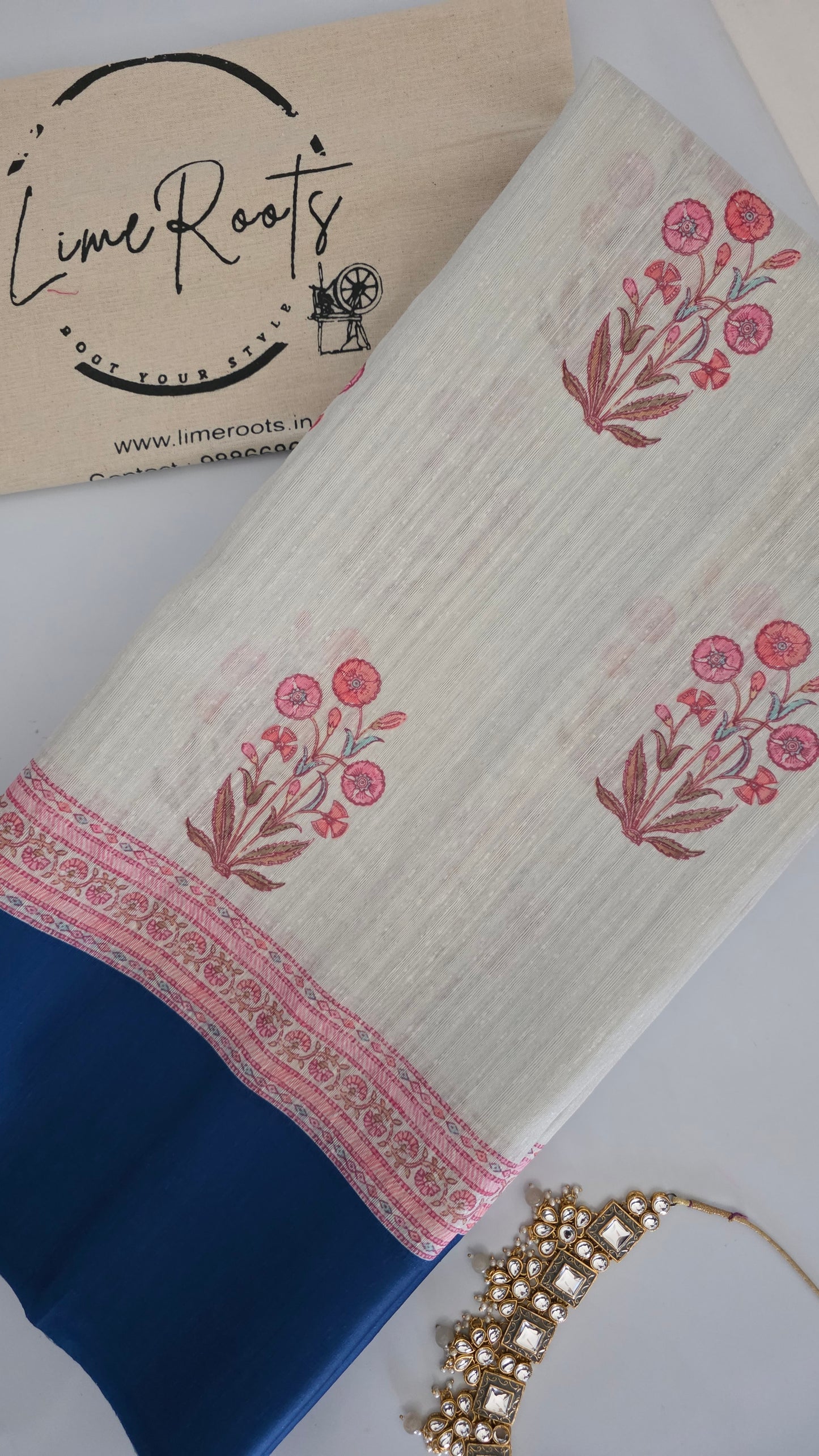 Ivory Tussar Cotton Blue Contrast Border Saree