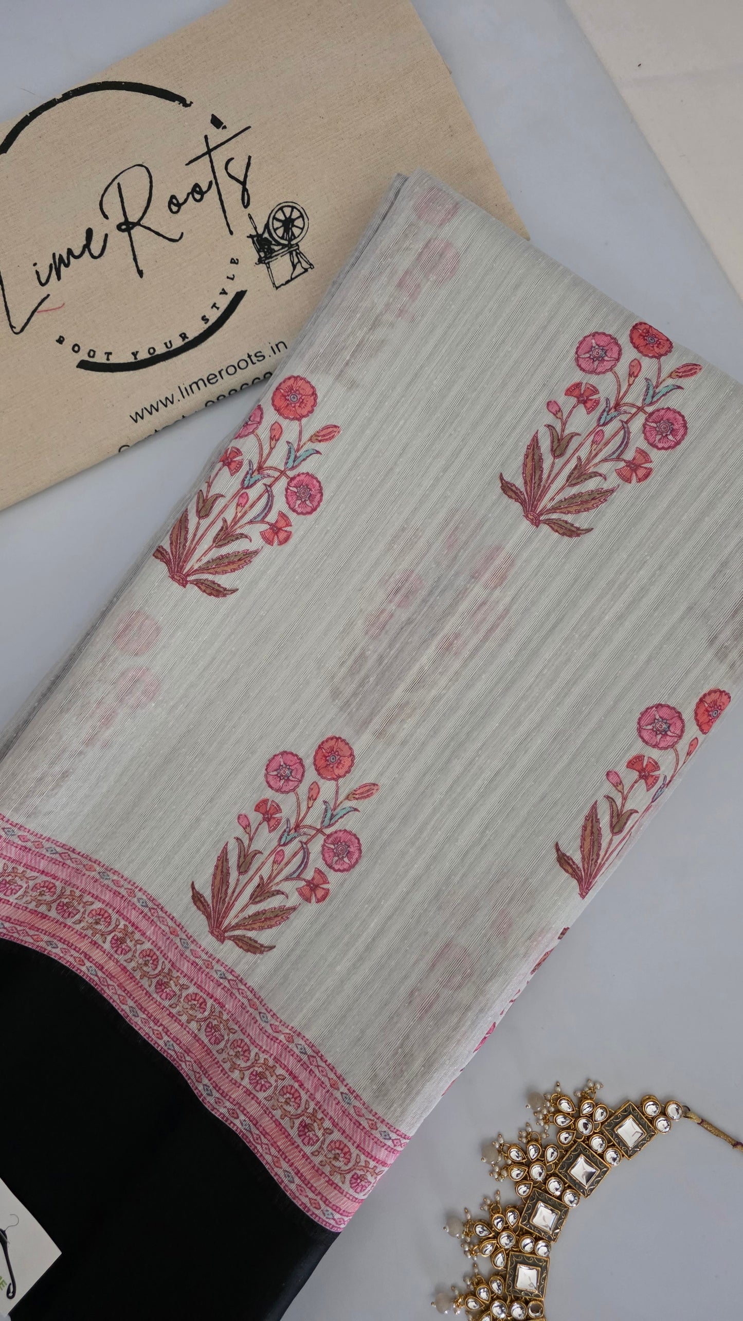Ivory Tussar Cotton Blue Contrast Border Saree