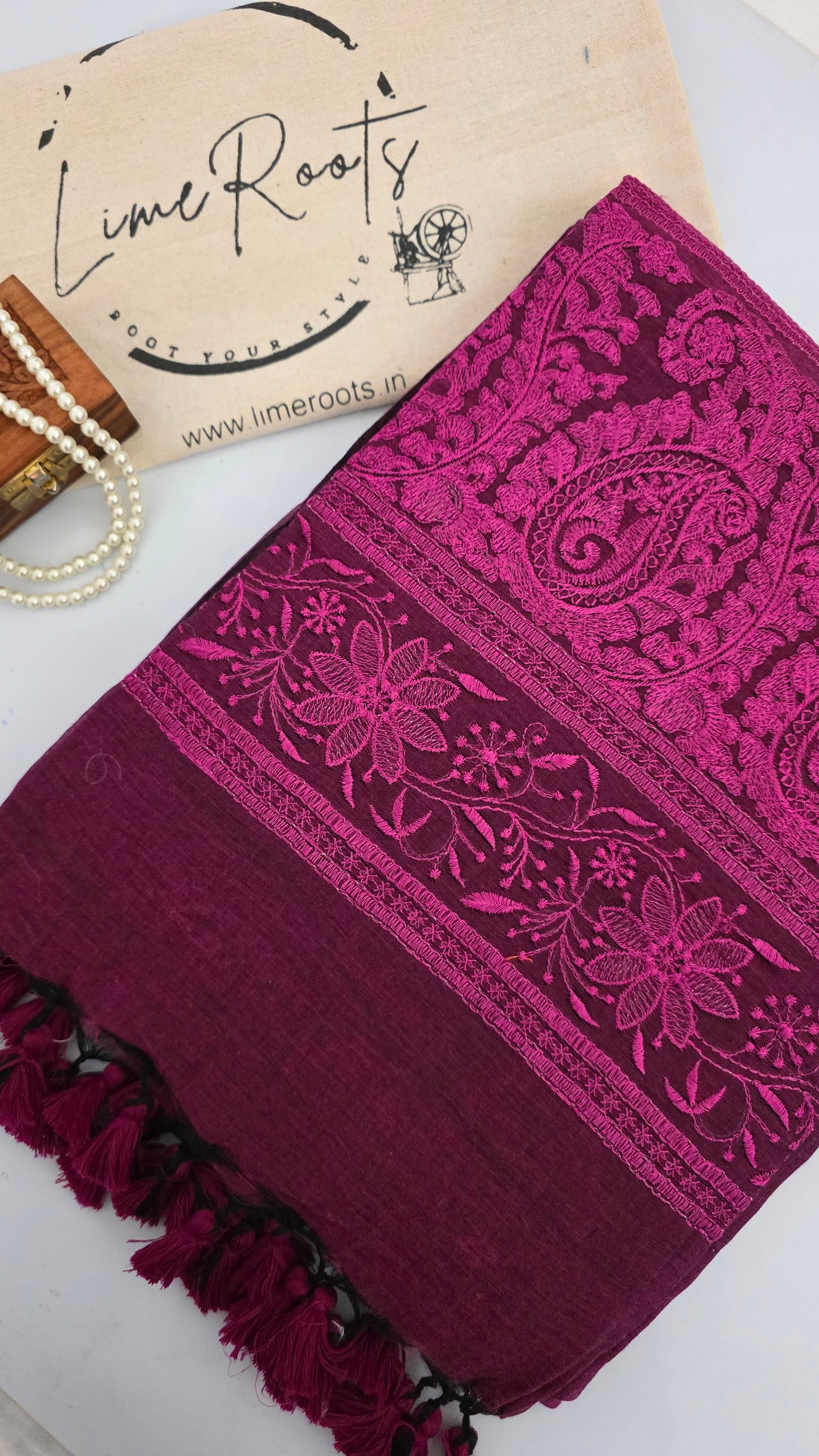 Magenta Mulmul Chikankari embroidery Saree