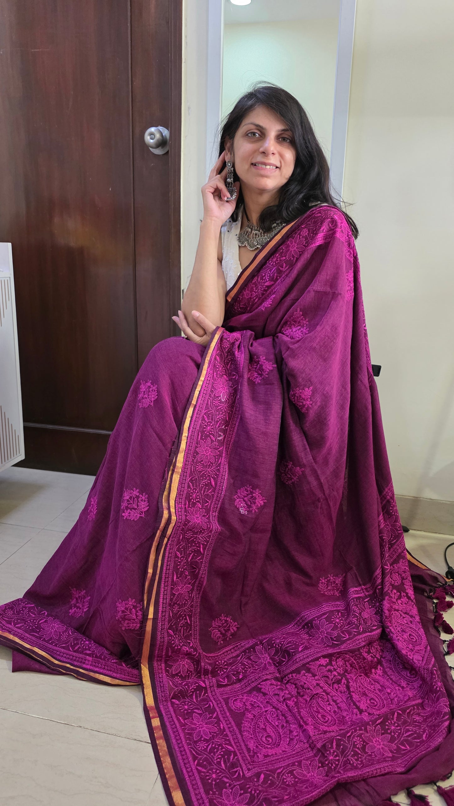 Magenta Mulmul Chikankari embroidery Saree