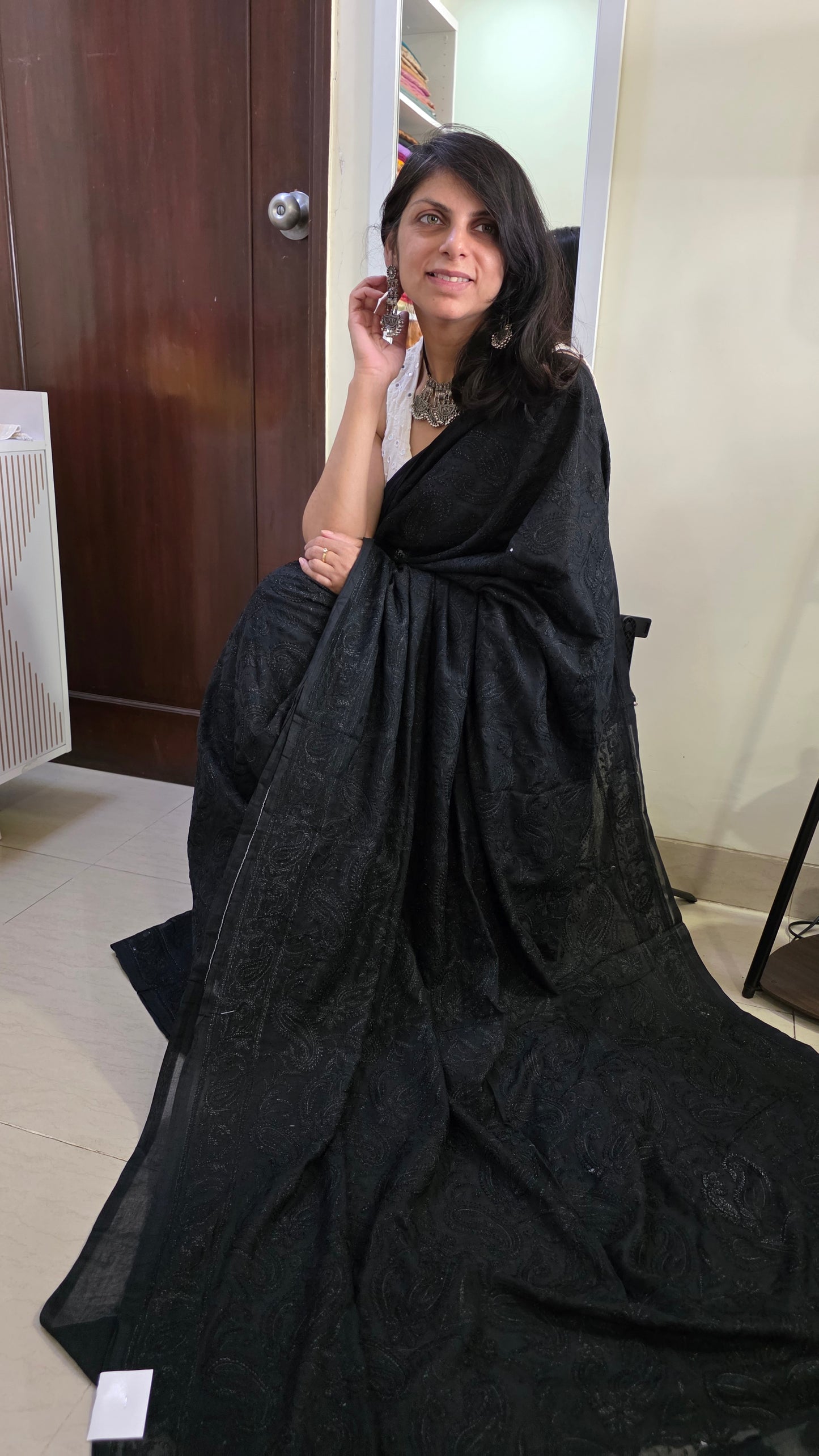 Black Mulmul Chikankari embroidery Saree