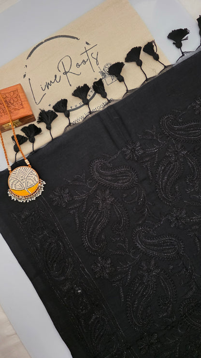 Black Mulmul Chikankari embroidery Saree