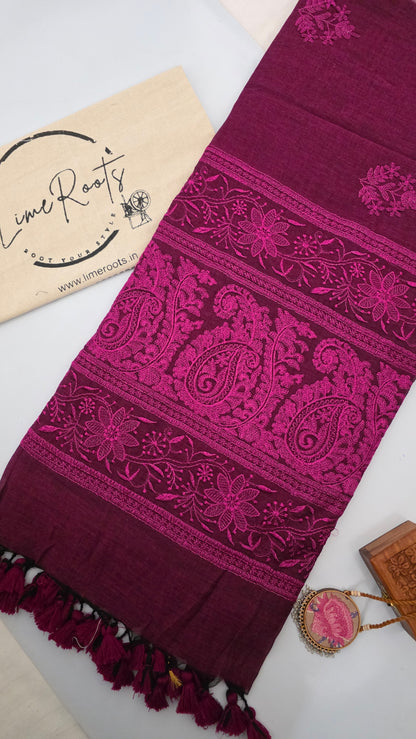 Magenta Mulmul Chikankari embroidery Saree