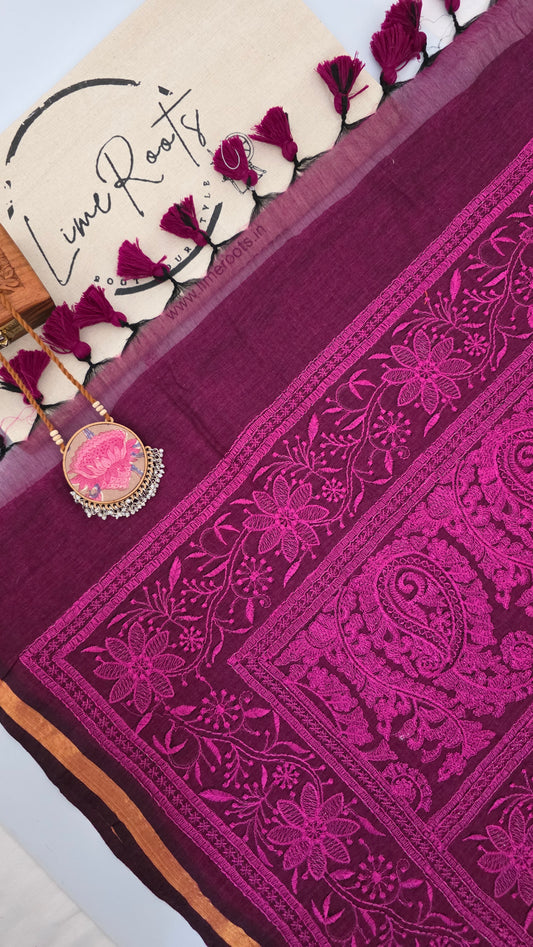 Magenta Mulmul Chikankari embroidery Saree