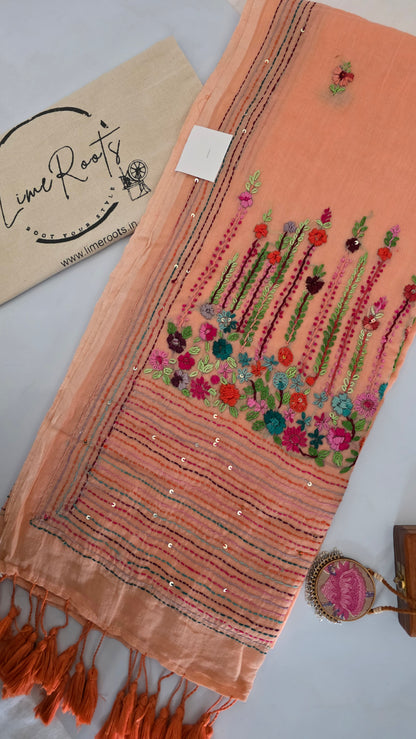 Peach Mulmul Chikankari embroidery Saree