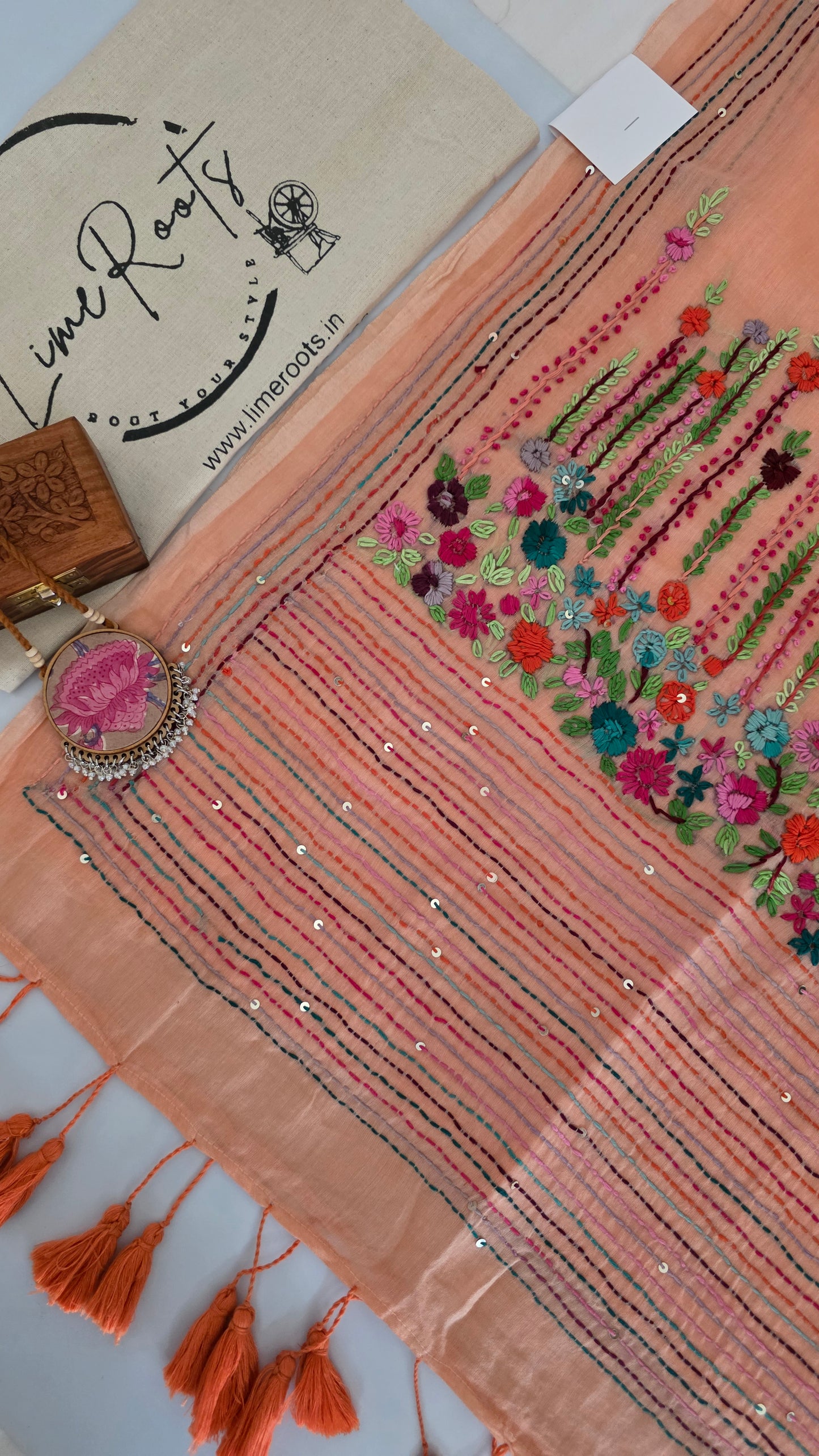 Peach Mulmul Chikankari embroidery Saree