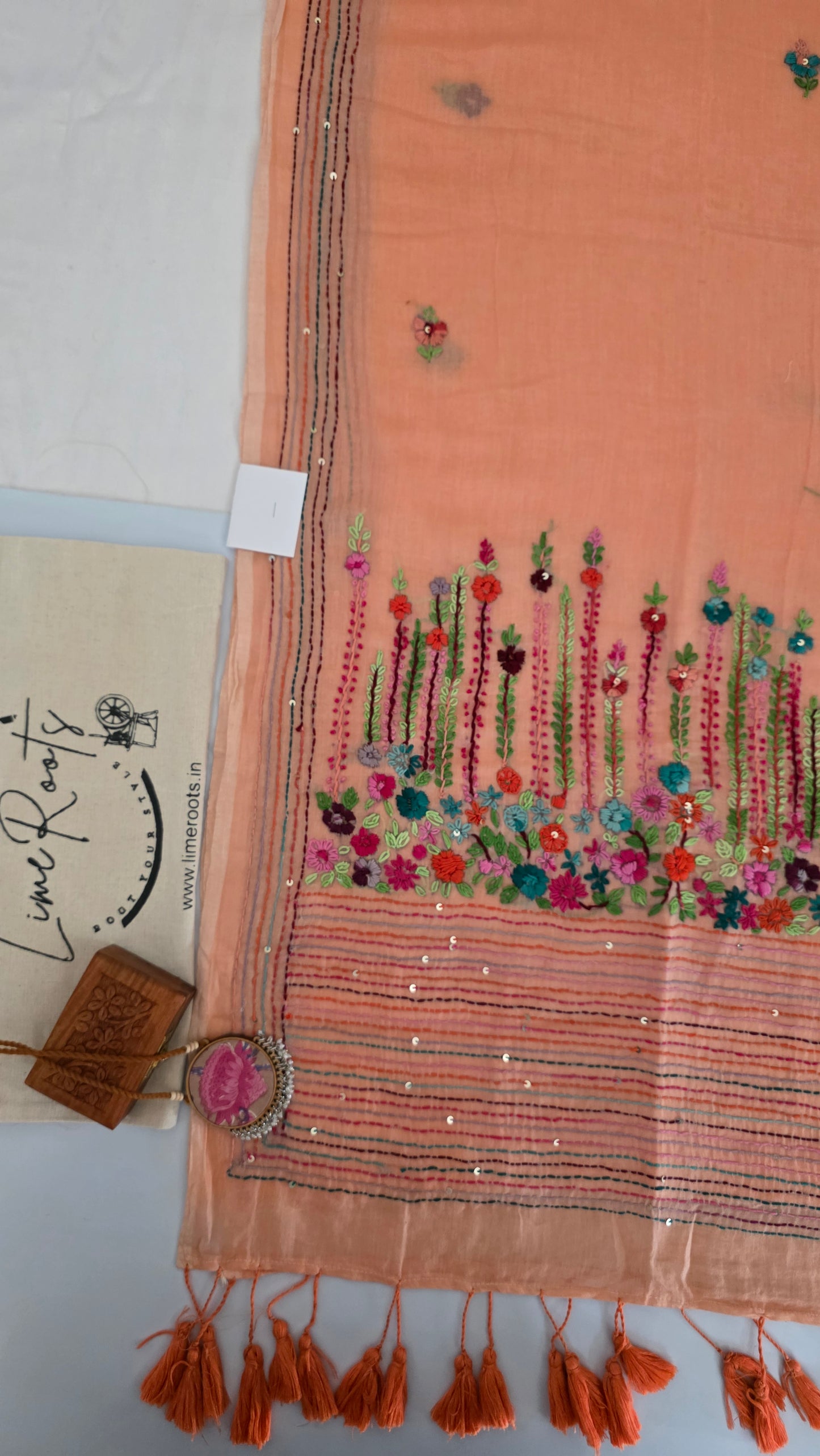 Peach Mulmul Chikankari embroidery Saree