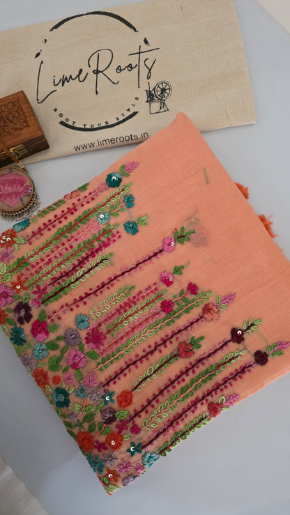 Peach Mulmul Chikankari embroidery Saree