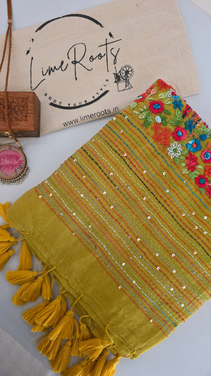 Green Mulmul Chikankari embroidery Saree