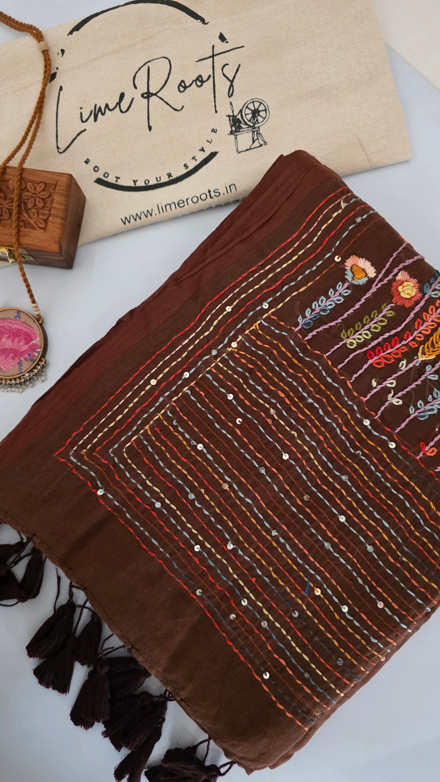 Brown Mulmul Chikankari embroidery Saree