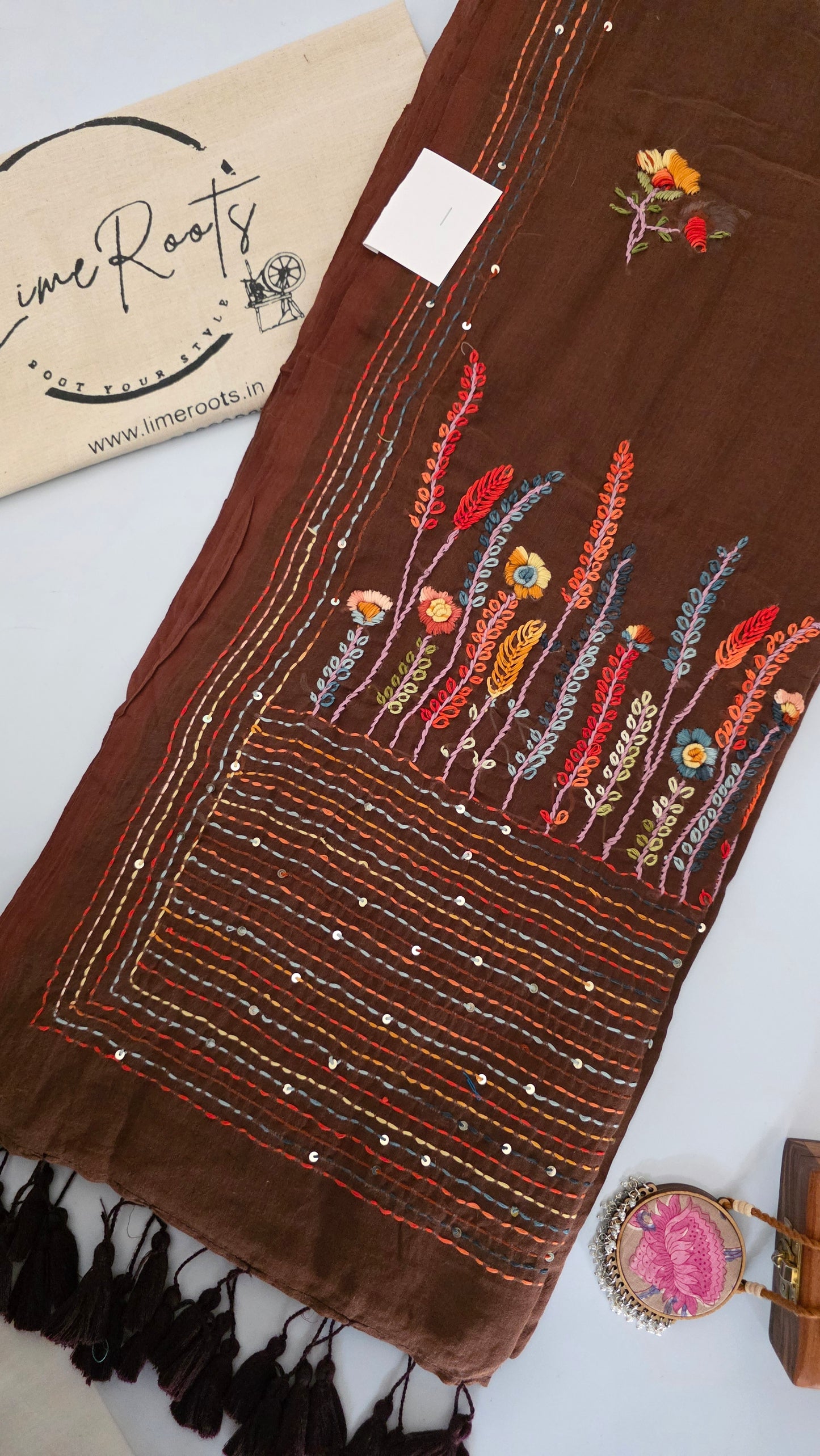 Brown Mulmul Chikankari embroidery Saree