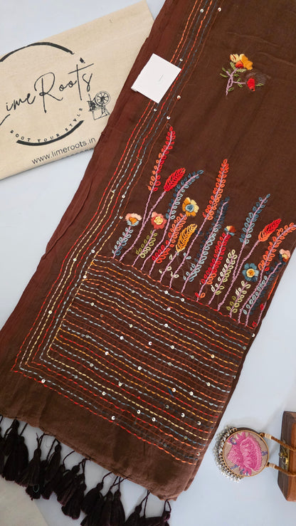 Brown Mulmul Chikankari embroidery Saree
