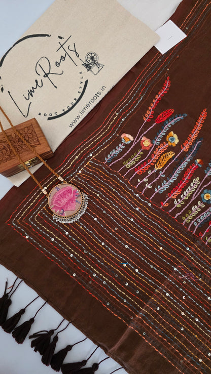 Brown Mulmul Chikankari embroidery Saree