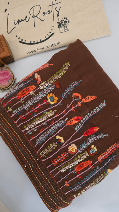 Brown Mulmul Chikankari embroidery Saree