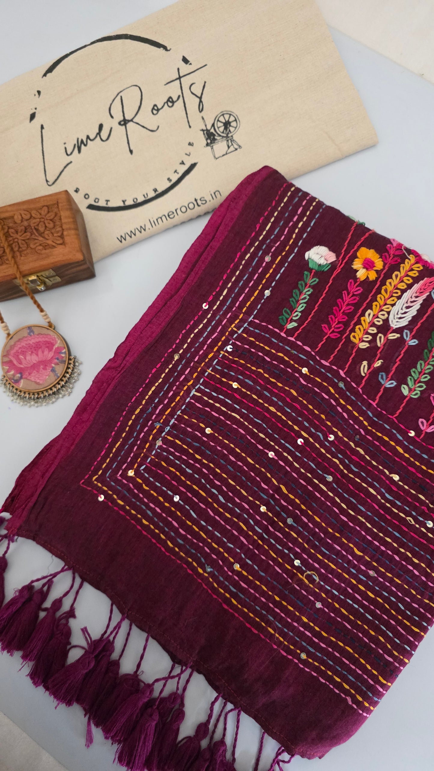 Wine Mulmul Chikankari embroidery Saree