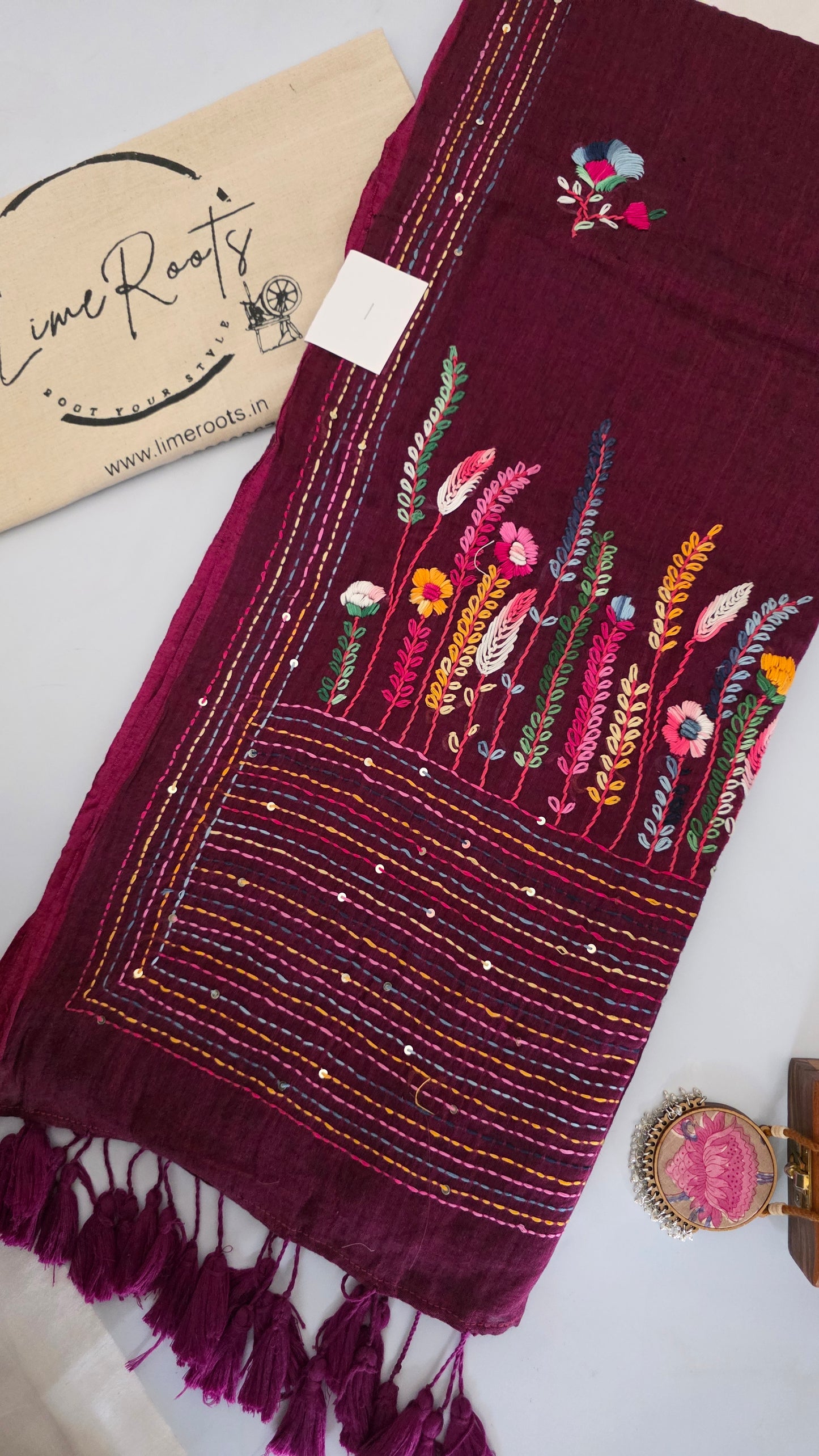 Wine Mulmul Chikankari embroidery Saree