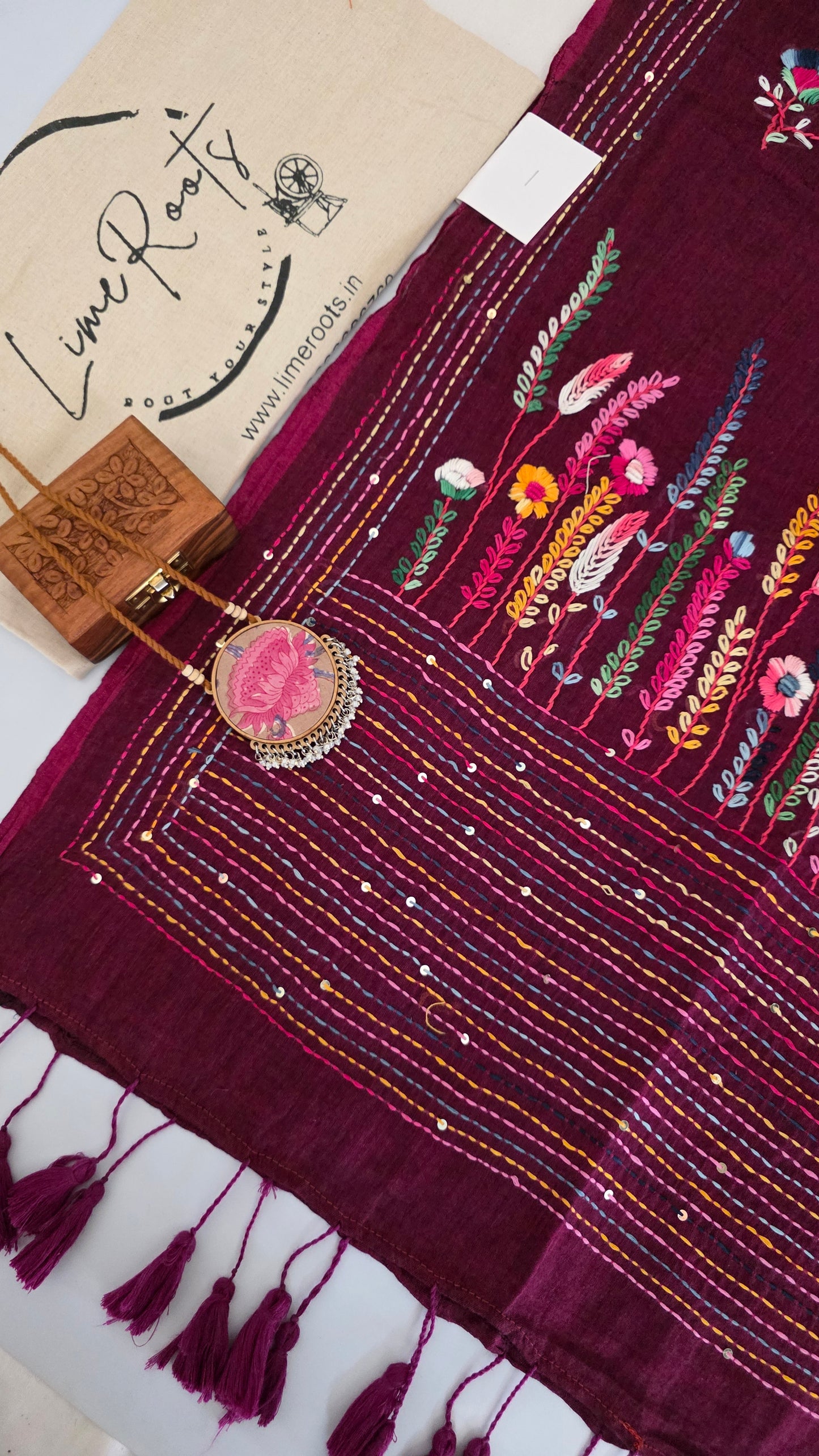 Wine Mulmul Chikankari embroidery Saree