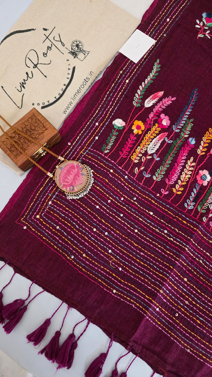 Wine Mulmul Chikankari embroidery Saree