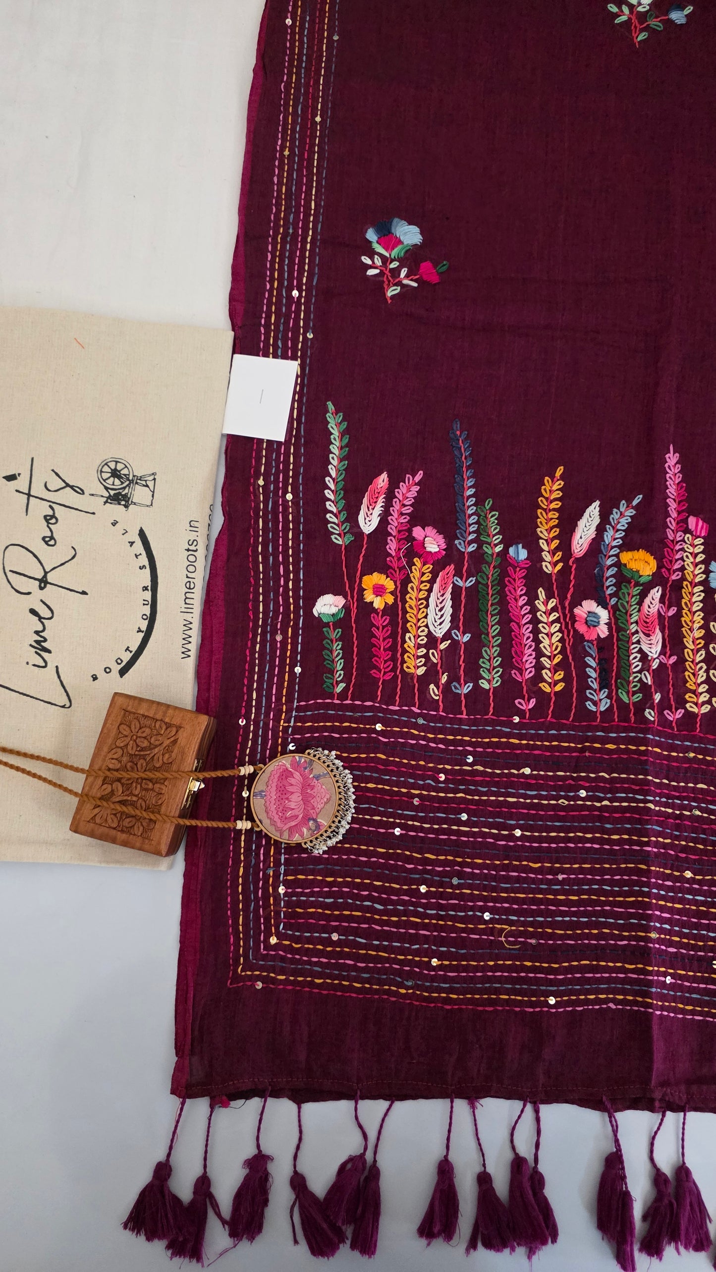 Wine Mulmul Chikankari embroidery Saree
