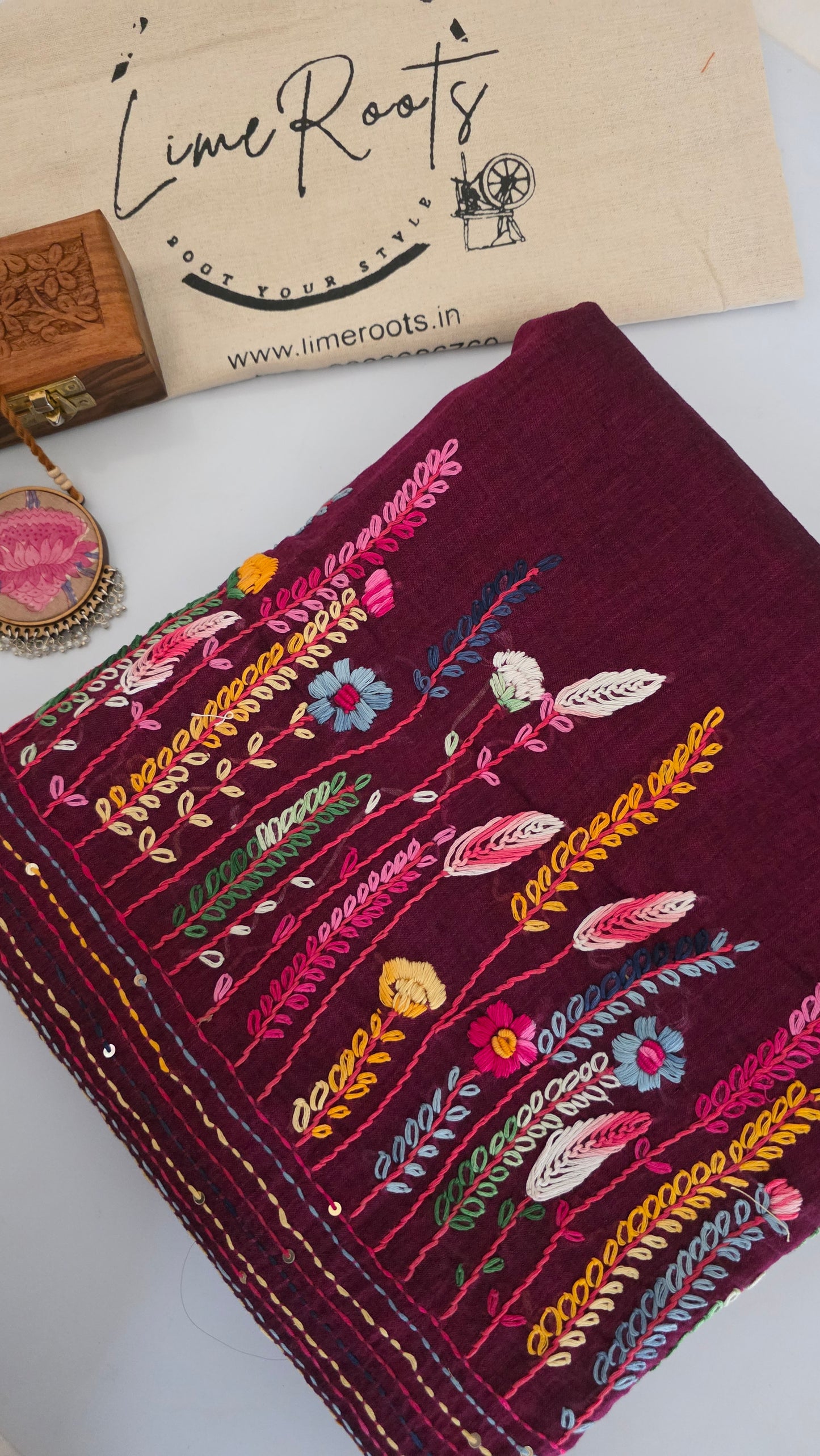 Wine Mulmul Chikankari embroidery Saree