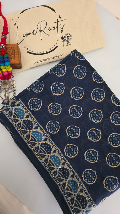 Indigo Blue Kantha Stitch Chanderi cotton saree