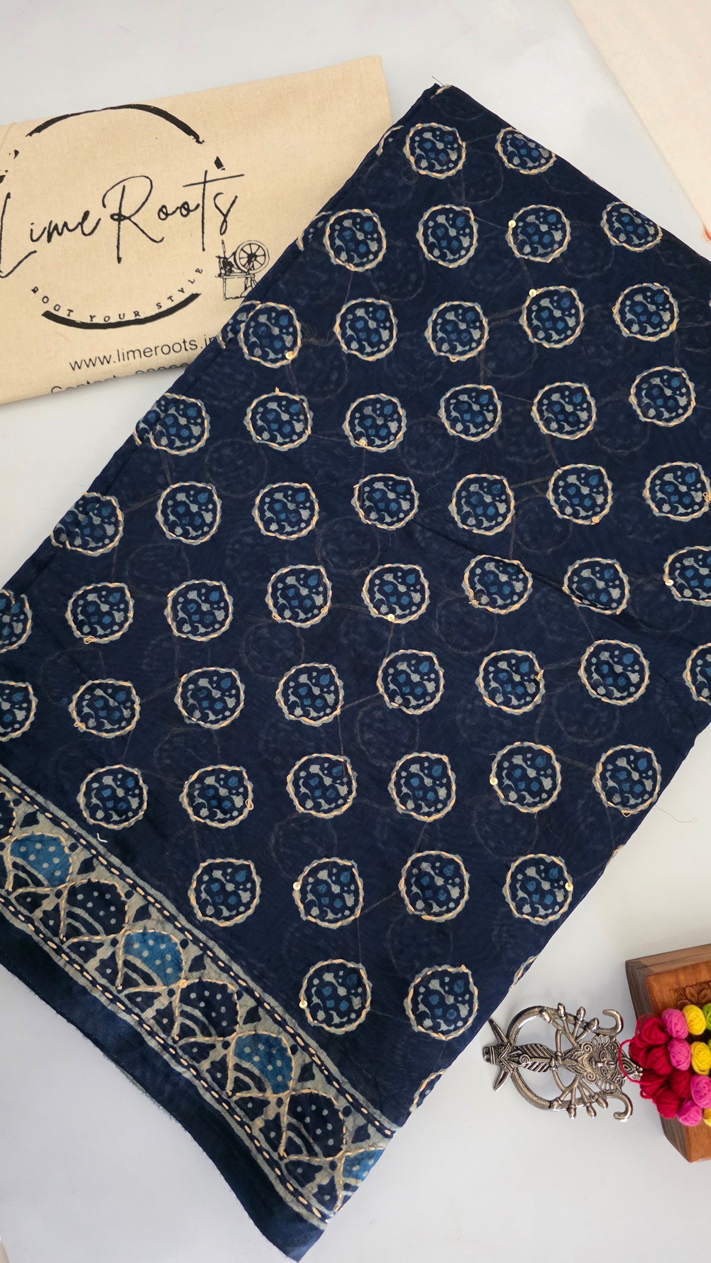 Indigo Blue Kantha Stitch Chanderi cotton saree