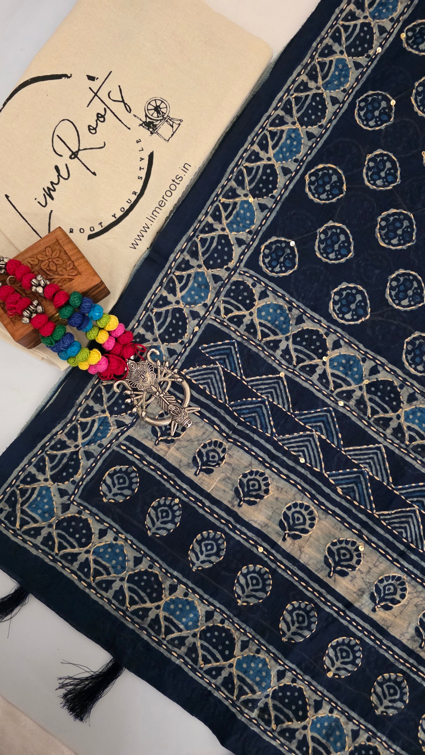 Indigo Blue Kantha Stitch Chanderi cotton saree