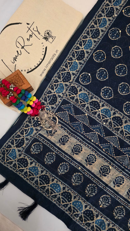 Indigo Blue Kantha Stitch Chanderi cotton saree