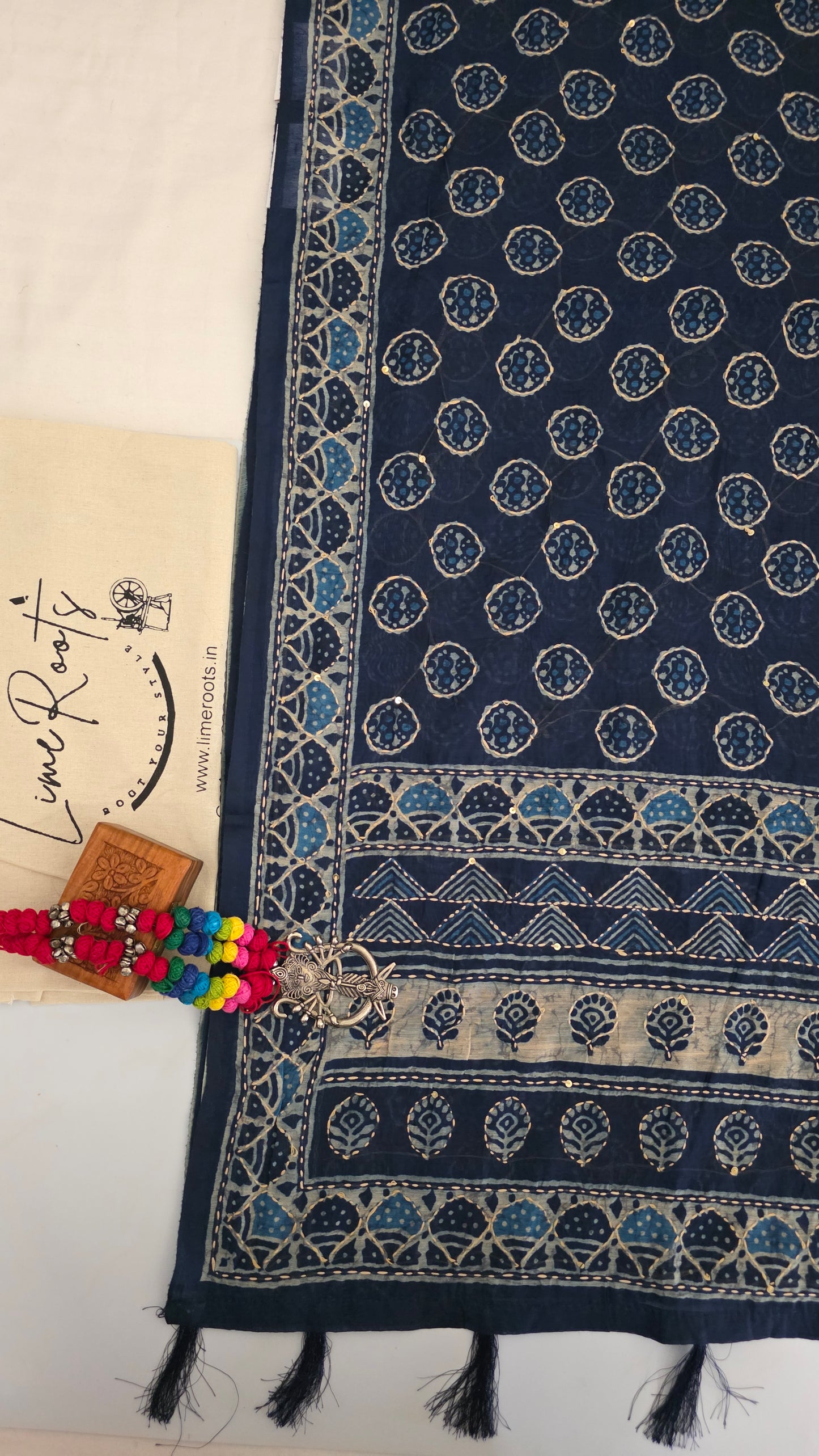 Indigo Blue Kantha Stitch Chanderi cotton saree