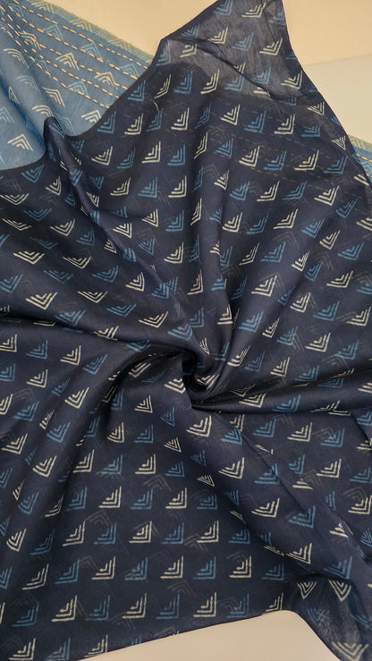 Indigo Blue Kantha Stitch Chanderi cotton saree