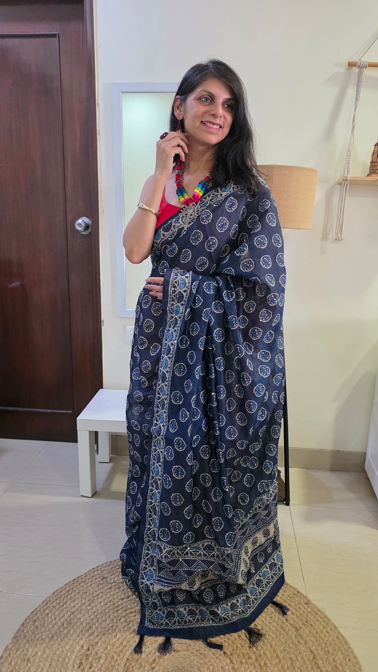Indigo Blue Kantha Stitch Chanderi cotton saree