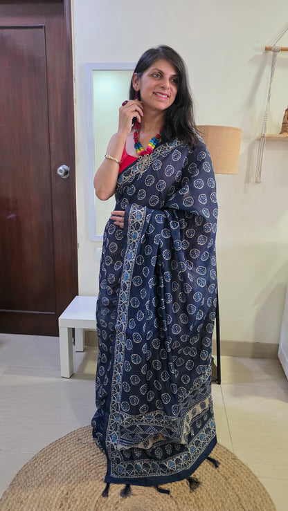 Indigo Blue Kantha Stitch Chanderi cotton saree