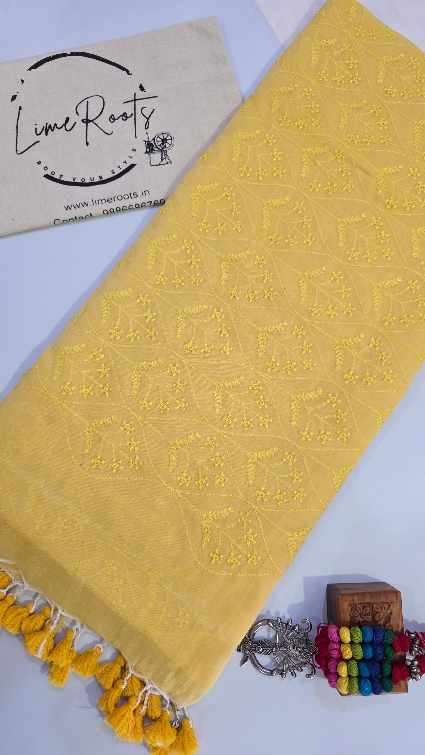 Yellow Mulmul Chikankari embroidery Saree