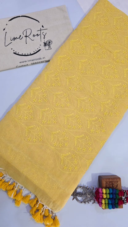 Yellow Mulmul Chikankari embroidery Saree