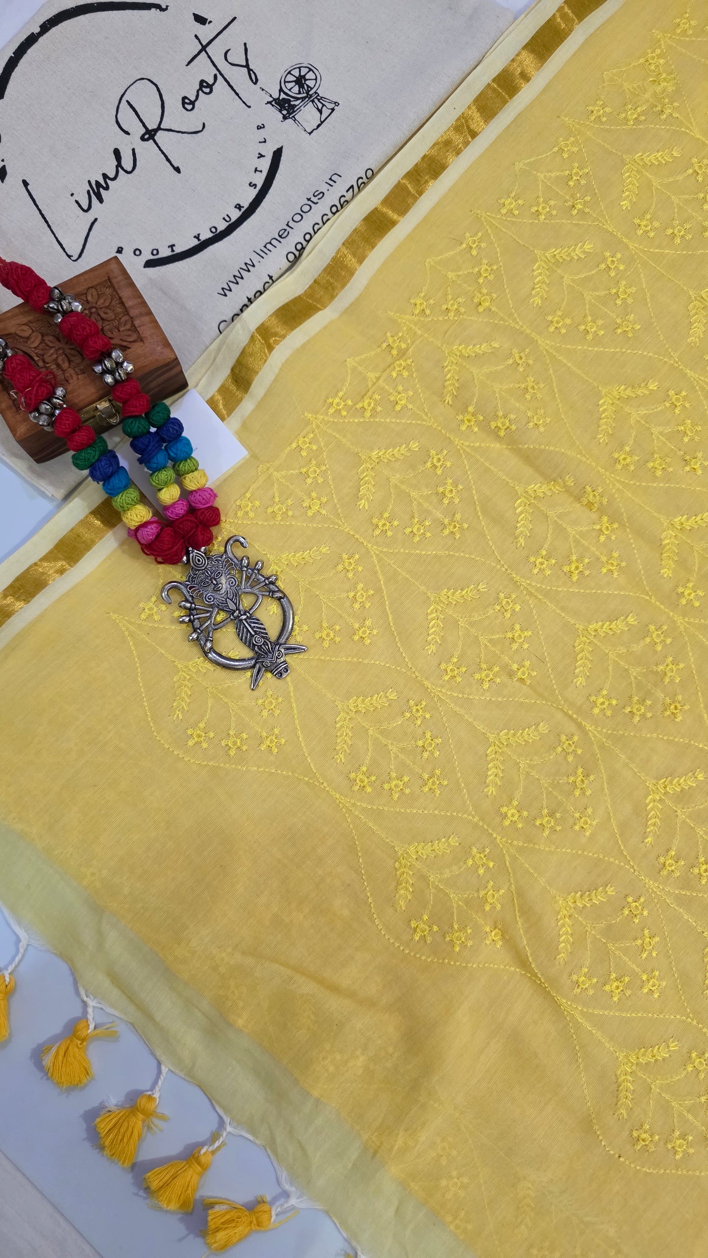Yellow Mulmul Chikankari embroidery Saree