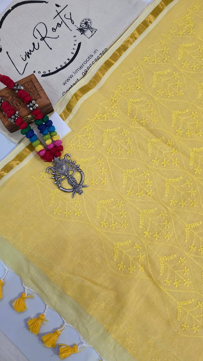 Yellow Mulmul Chikankari embroidery Saree