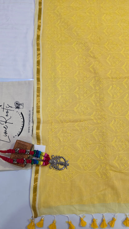 Yellow Mulmul Chikankari embroidery Saree