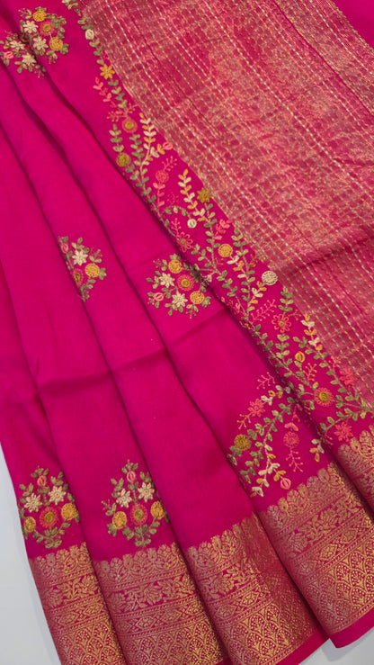 Pink hand embroidered Viscose Silk