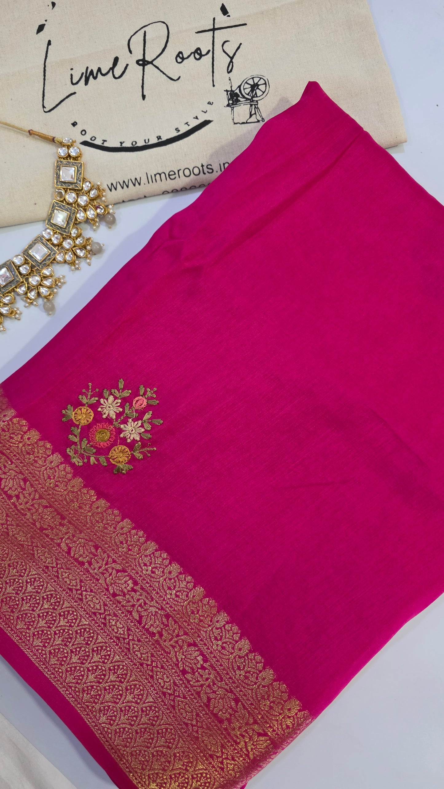 Pink hand embroidered Viscose Silk