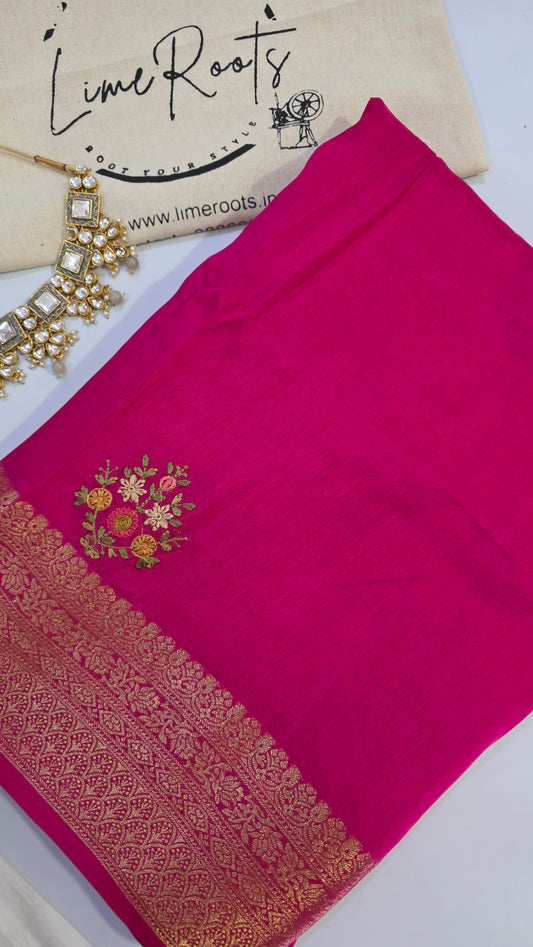 Pink hand embroidered Viscose Silk