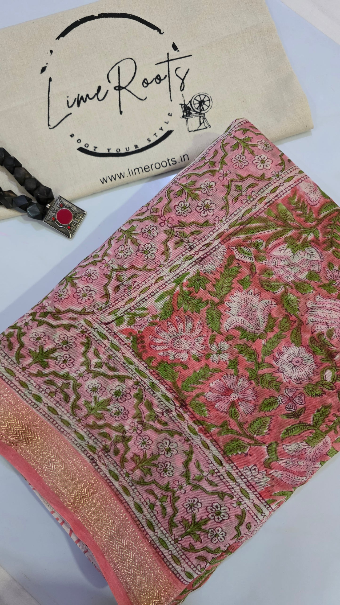 Peach Handblocked Printed Maheshwari Silk Saree