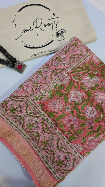 Peach Handblocked Printed Maheshwari Silk Saree