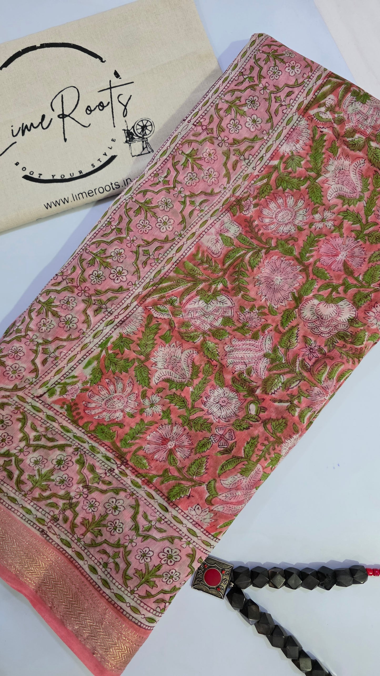 Peach Handblocked Printed Maheshwari Silk Saree