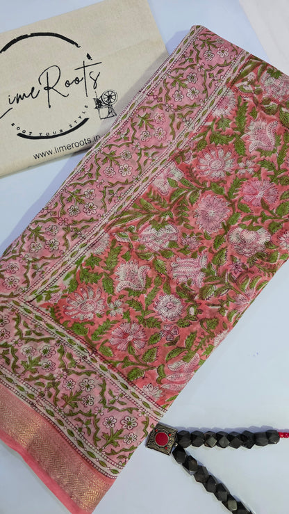 Peach Handblocked Printed Maheshwari Silk Saree